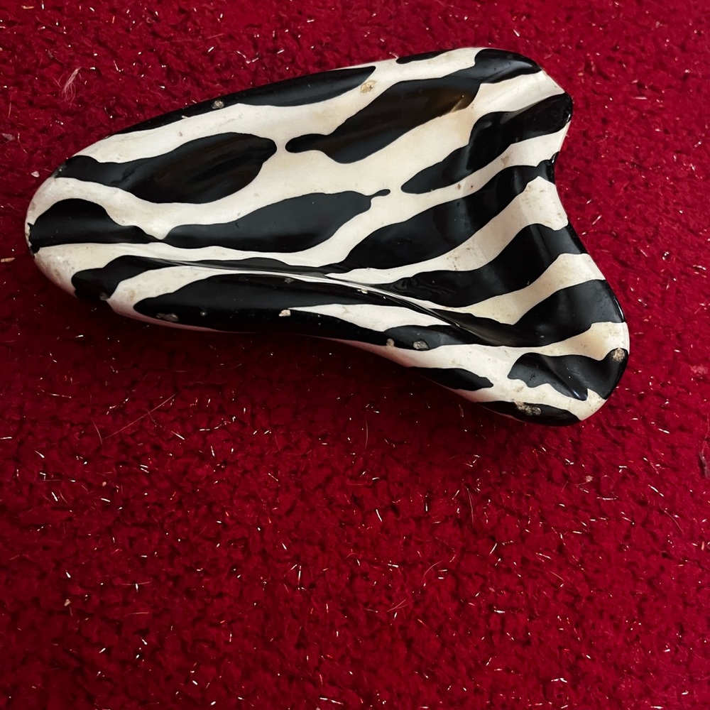 Vintage 80’s zebra striped abstract, ceramic Ashtray. Signed by the artist